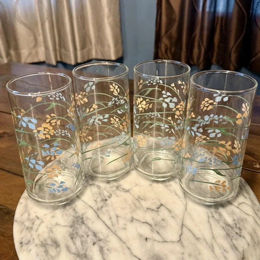 12pc VTG 1950s Mexican Termocrisa Glass Glasses Peach Blue Floral Flowers Mexico